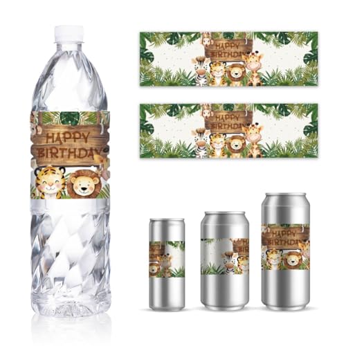 GOMAKERER 30 Bogen Wasserflaschenetiketten Mit Safari Motiv Aufkleber Mit Tiger Löwen Und Giraffenmotiv Für Wasserflaschen Personalisierte Etiketten Für Trinkwasserflaschen Geburtstagspartys 216x64mm von GOMAKERER