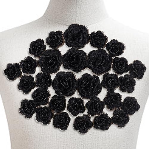 GOMAKERER 30 Stück Blumen-Aufnäher, Schwarze 3D-Blumen-Aufnäher Aus Polyester, Bestickte Applikationen, Blumen-Spitzen-Aufnäher, Handgefertigtes DIY-Zubehör Zum Reparieren Und Dekorieren von GOMAKERER