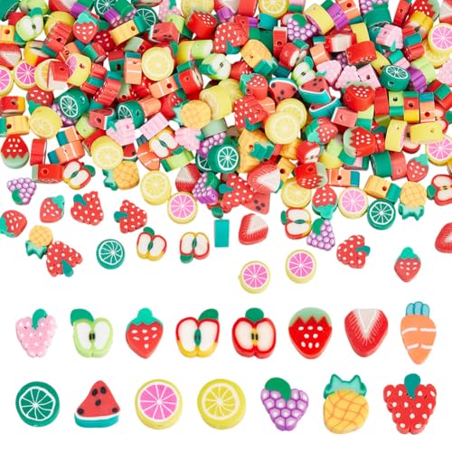 GOMAKERER 300 Stück Frucht-Polymer-Ton-Perlen, 15 Stile, niedlich, lustige Perlen, Zitrone, Wassermelone, Erdbeere, Trauben, Ton, Perlen für Schmuckherstellung, DIY, Armbandherstellung, Zubehör, 300 von GOMAKERER