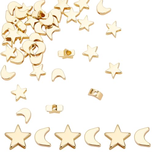 GOMAKERER 40 Stück 2 Stile Messing-Mond-Stern-Perlen, 18K Vergoldete Flache Perlen Gemischte Form Abstandsperlen Langlebige Goldene Mond-Stern-Perlen Für Basteln Halsketten Armbänder von GOMAKERER
