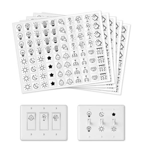 GOMAKERER 400 Stück Lichtschalter Aufkleber, 20 Designs Transparent Schalter ID Aufkleber Schwarz Schalttafel Label Aufkleber Für Hause Küche Badezimmer Büroschule 19x19mm von GOMAKERER