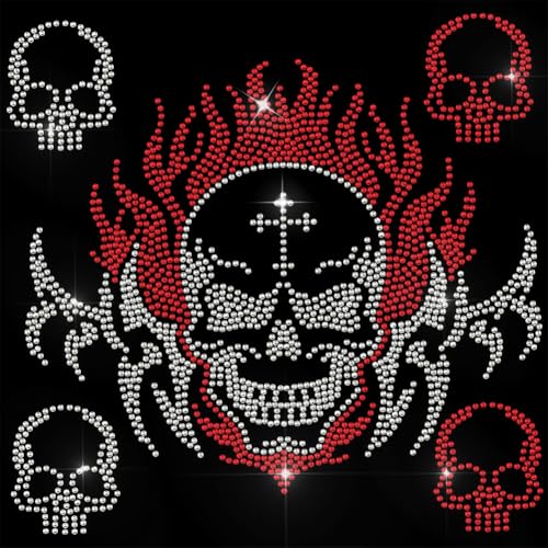 GOMAKERER 5 Stück Strass Patches zum Aufbügeln, Lustiger Totenkopf Feuer Hotfix Aufnäher Zum Aufbügeln Transferaufkleber Kristall Wärmeübertragung Reparaturdekor Für Kleidung Jacken Jeans Rucksäcke von GOMAKERER