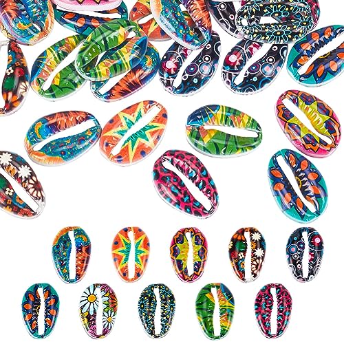 GOMAKERER 50 Stück Kaurimuschelperlen, 10 Stile, Legierung, Bedruckte Kauri-Muschelperlen, Ungebohrte Muschelperlen, Strand-Muschel-Charms Für DIY, Sommer, Ozean, Basteln, Schmuckherstellung, Party von GOMAKERER