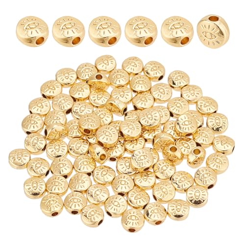 GOMAKERER 80 Stück 6mm Abstandsperlen Mit Bösem Blick, Legierung Echte 18K Vergoldete Flache Runde Perlen Langlebige Plattierte Perlen Lose Abstandsperlen Für Die Herstellung Schmuckketten von GOMAKERER