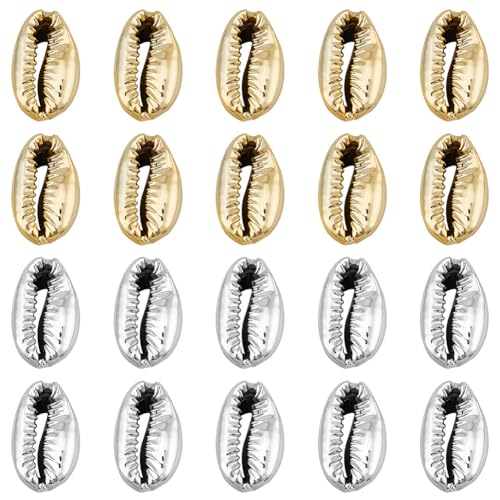 GOMAKERER 80 Stück Galvanisierte Muschelperlen, 2 Farben Platin-Goldene Kauri-Muschelperlen Offene Rückseite Kauri-Muschel Zurückgeschnittene Muschelperlen Für Halskette, Armband, Schmuckherstellung von GOMAKERER