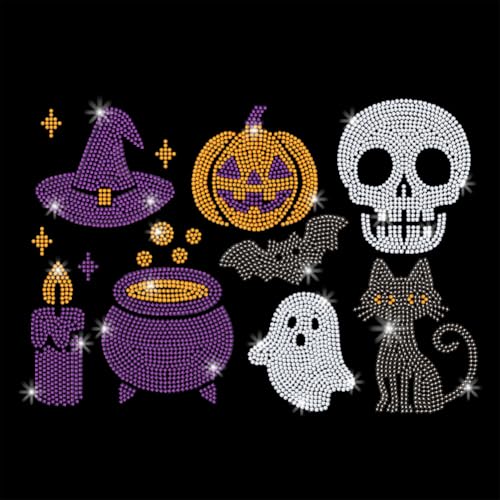 GOMAKERER 9 Stück Halloween Bügelbilder Strass Transfer Kürbis schwarze Katze Hexenhut Skelett Hot Fix Dekoration Applikationen Kristall Wärmeübertragung Aufkleber Kleidung Reparatur Flicken für von GOMAKERER