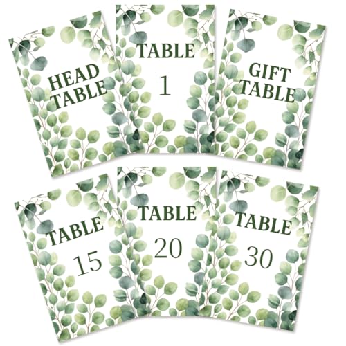 GOMAKERER Tischnummernkarten für Hochzeiten, 1–30 Eukalyptusblätter, doppelseitig, Hochzeits-Tischnummern, Schilder mit Kopf und Geschenk-Tischkarte, Party-Mittelstück für Geburtstag GOMAKERER Tischnummernkarten für Hochzeiten, 1–30 Eukalyptusblätter, doppelseitig, Hochzeits-Tischnummern, Schilder mit Kopf und Geschenk-Tischkarte, Party-Mittelstück für Geburtstag von GOMAKERER