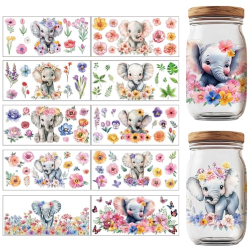 GOMAKERER UV DTF Cup Wrap, 10 Blatt Transferaufkleber Wasserfestes Zum Aufreiben Mit Blumen Elefantenmotiv Tassenfolien Abziehbilddruck UV Transferpapier Für Gläser Tassen Möbeldekorationen von GOMAKERER