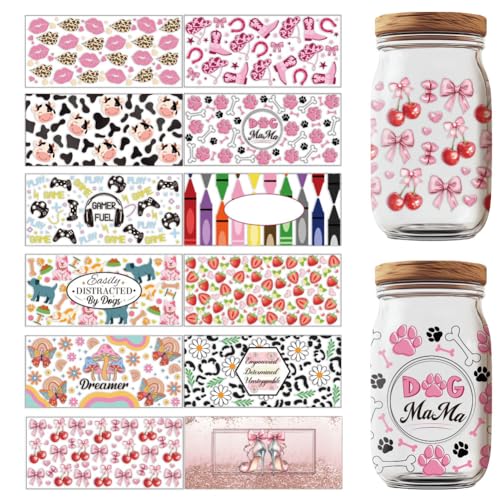 GOMAKERER UV DTF Cup Wrap, 12 Blatt Transferaufkleber Rubbel Transferpapier Mit Blumenspiel Western Country Thema Aufkleber Wasserfester Druck UV Transferpapier Für 16 Oz Glasbecher DIY Bastelarbeiten von GOMAKERER