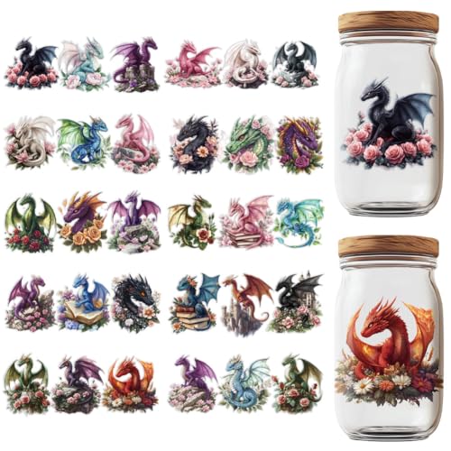 GOMAKERER UV DTF Cup Wraps, 10 Blatt 10 Stile Drachen Blumenaufkleber Cartoon Aufkleber Zum Aufreiben Wasserdichte Transferaufkleber Für Glasbecher Holzhandwerk von GOMAKERER