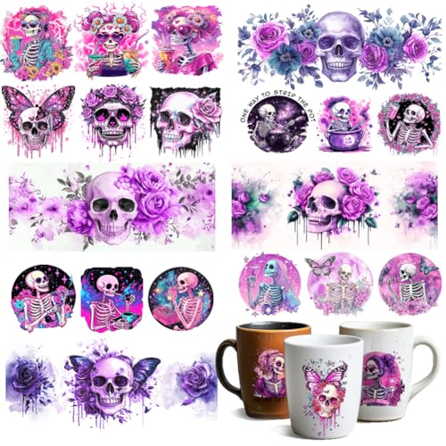 GOMAKERER UV DTF Cup Wraps, 10 Blatt 10 Stile Magic Style Aufkleber Cartoon Totenkopf Abziehbilder Zum Aufreiben Lila Wasserfeste Transferaufkleber Für Glasbecher Holzhandwerk von GOMAKERER