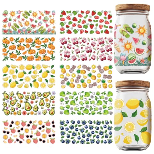 GOMAKERER UV DTF Cup Wraps, 10 Blatt 10 Stile Obst Transferaufkleber Cartoon Totenkopf Zum Aufreiben Lila Wasserfeste Transferaufkleber Für Glasbecher Holzhandwerk von GOMAKERER