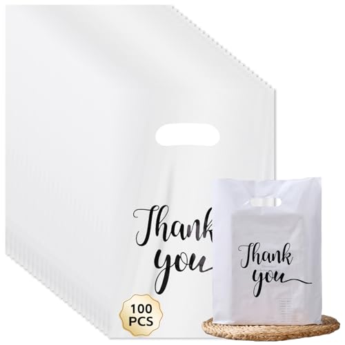 100 Stück Geschenktüten, 30 * 40cm Versandbeutel Plastik für Kleidung, Tragetaschen Plastik mit “Thank You”, tragbare Dankeschön-Taschen, Wiederverwendbare Geschenktüten Einkaufstaschen (Weiss) von GOMETY