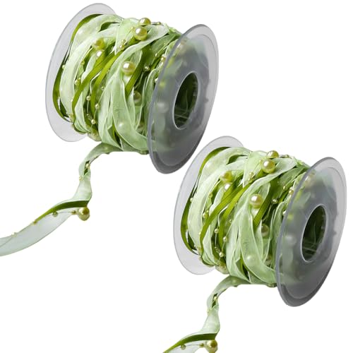 2 Bände 10M Perlenband Chiffon-Band, Schleifenband mit Organza und Perlen, Trendyband Organza-Spitze-Band-Dekoband Spitze Zierband für Hochzeits Blumen Nähen Handwerk Verpackung (Grasgrün) von GOMETY