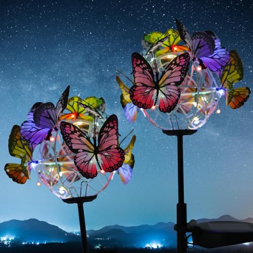 2x Schmetterling Solarleuchten für Garten und Terrasse, IP55 Wasserdicht, Solarlichterkette im Design,Sphärisch Gartenbeleuchtung für Außenbereiche von GOMETY