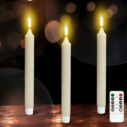 3er Set LED Stabkerzen, 24cm Echtwachs LED Kerzen, Flackernde Flamme, Timerfunktion und Fernbedienung, Elektrische Kerzen Tropffrei für Hochzeit, Party, Restaurant, Innenbereich Grau(Ohne Batterien) von GOMETY