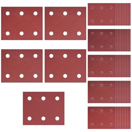50 Stück 102mm*114mm Schleifpapier Set, Schleifblatt 40/60/80/100/120 Körnung Schleifblätter Set Schleifpapier Klett 8 Löcher Schleifpad Zubehör für Multischleifer Schwingschleifer Sander Sandpapie von GOMETY