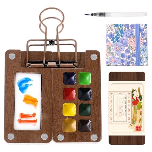 Aquarell Travel Set, Skizzenbuch Palette Set Mini Holz 8 Grids Reise Malpalette Malkasten, Mini-Reise Aquarell Gouache Acrylmalerei Kommen mit Aquarellpapier Journal, Aquarellpinsel Stifte und Clip Aquarell Travel Set, Skizzenbuch Palette Set Mini Holz 8 Grids Reise Malpalette Malkasten, Mini-Reise Aquarell Gouache Acrylmalerei Kommen mit Aquarellpapier Journal, Aquarellpinsel Stifte und Clip von GOMETY