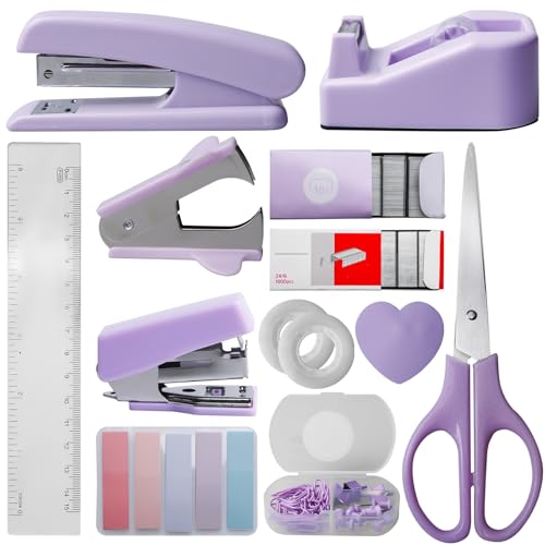 Büroartikel Set, Lila Schreibtischzubehör 10 Kit, Schreibtisch Set mit Entklammerer, Heftklammern, Heftklammerentferner, Tesafilm Abroller, Schere, Bandmaß, Allzweckmesser, Clip, Haftnotizen Büroartikel Set, Lila Schreibtischzubehör 10 Kit, Schreibtisch Set mit Entklammerer, Heftklammern, Heftklammerentferner, Tesafilm Abroller, Schere, Bandmaß, Allzweckmesser, Clip, Haftnotizen von GOMETY