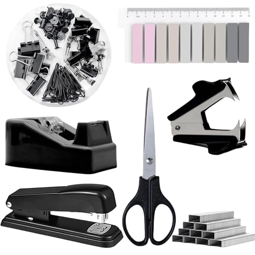 Büroartikel Set, Lila Schreibtischzubehör 10 Kit, Schreibtisch Set mit Entklammerer, Heftklammern, Heftklammerentferner Tesafilm Abroller Schere Bandmaß Allzweckmesser Clip Haftnotizen (Schwarz) von GOMETY