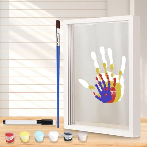 DIY Familien Handabdruck Set, Transparente Holzrahmen für Handabdruck Baby und Familien mit 6 Ungiftige Acrylfarben Perfekte Erinnerung Fotorahmen DIY Bastel Bilderrahmen Andenken Geschenke (Weiß) von GOMETY