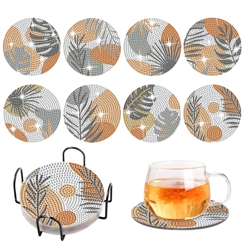 8PCS DIY Grüne Blätter Diamond Painting Untersetzer Mit Halter, Dekorative Holz Untersetzer Mit DIY Kit, Für Heimdekoration Und Geschenkideen (Grüne) von GOMETY