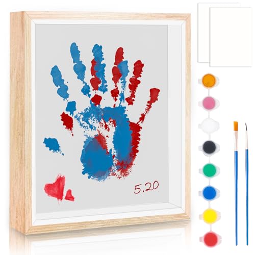 Familien-Handabdruck-Set, 10 Zoll DIY-Fußabdruck Set Baby, Holz Handabdruck Baby Fotorahmen Set mit 8-Farben-Pigment Pinsel Reibepapier für die Babyparty und Frischgebackene Eltern Geschenke(Weiß) von GOMETY