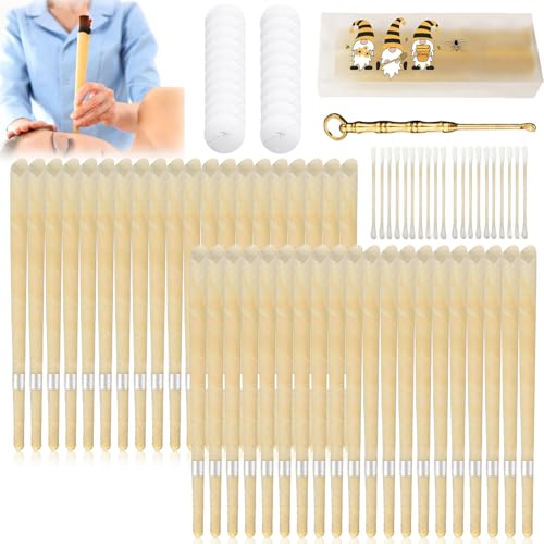 GOMETY 101 Set NatüRliche Ohrkerzen, Duft Bienenwachs Ohrkerzen mit 40-Ohrkerzen 20-Schutzscheiben 1 Ohrlöffel Und 40-WattestäBchen, Hohlkegel Ohrkerzen-Set Zur Reinigung Ohrenschmalz(Beige) von GOMETY
