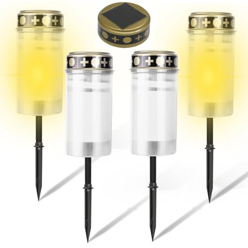 GOMETY 4er-Set Grabkerze, Solar LED Grablicht mit Erdspieß LED-Grablicht Dauerlicht Solar-LEDgrablichter Grableuchten für Grab Beleuchtung Außenbereich für Grabdeko Erinnerung Andenken (Weiß) von GOMETY
