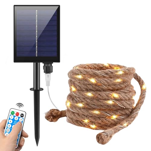 LED Lichterkette Seil Solar Seil Lichterkette außen, 7 Meter 200 LEDs warmweiß Tau Lichterkette Wasserdicht, LED Solar Lichterkette au Dünn Seil für Garten Terrasse Balkon Deko,USB-Aufladung + Fernbe von GOMETY