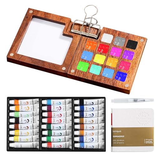 Mini Palette, Aquarell-Reise-Set, Skizzenbuch Palette aus Holz, Mini Aquarell Set, Tragbare Malwerkzeuge, tragbares Mini-Aquarell-Paletten Set für Maler Künstler Studenten (24 Farben) von GOMETY