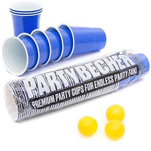 GOODS+GADGETS 100 Stück Blaue Partybecher; Wiederverwendbare Getränkebecher Blue Cups Trinkbecher 16 oz Kunststoff Party Becher Plastikbecher - Set inkl. 3 Tischtennis-Bälle von GOODS+GADGETS