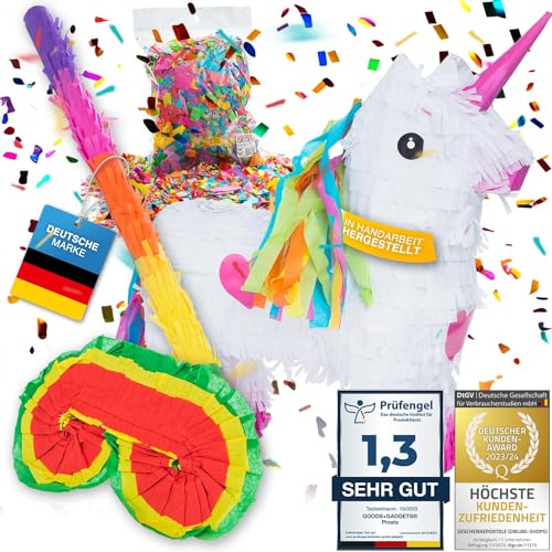 Pinata Party-Dekoration zum Befüllen mit Süßigkeiten für Kinder-Geburtstag Hochzeit Party Feiern (Einhorn + Stab & Augenmaske) von GOODS+GADGETS