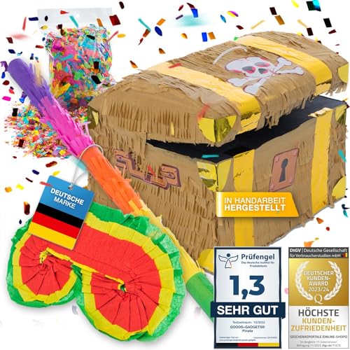 Pinata Party-Dekoration zum Befüllen mit Süßigkeiten für Kinder-Geburtstag Hochzeit Party Feiern (Schatzkiste + Stab & Augenmaske) von GOODS+GADGETS