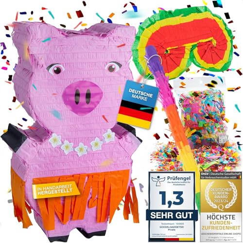 Pinata Party-Dekoration zum Befüllen mit Süßigkeiten für Kinder-Geburtstag Hochzeit Party Feiern (Schwein + Stab & Augenmaske) von GOODS+GADGETS