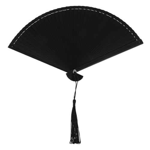 GOOHOCHY Handgefertigter Faltfächer aus Retro Klappfächer mit Quaste und Tragetasche für Tanzaufführungen und Besondere Anlässe Schwarz von GOOHOCHY