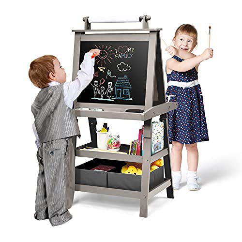 GOPLUS 3 in 1 Standtafel für Kinder, Magnetisches Whiteboard & Kreidetafel, Doppelseitiger Staffelei mit Aufbewahrungsbox, Maltafel, Schreibtafel, Kindertafel Ink. Malpapier und Magneten (Grau) von GOPLUS