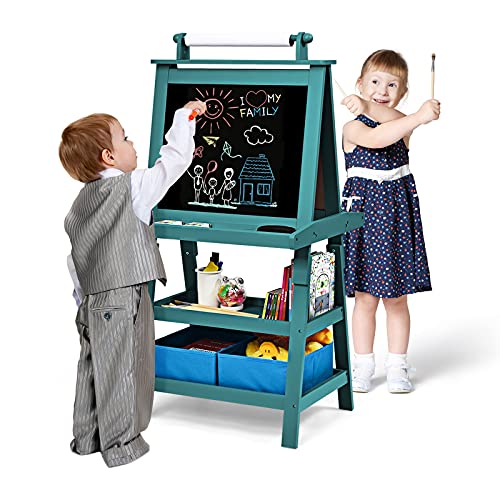 GOPLUS 3 in 1 Standtafel für Kinder, Magnetisches Whiteboard & Kreidetafel, Doppelseitiger Staffelei mit Aufbewahrungsbox, Maltafel, Schreibtafel, Kindertafel ink. Malpapier und Magneten (Blau) von GOPLUS