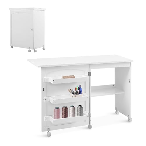 GOPLUS Faltbarer Nähtisch, Versenkbarer Nähmaschinentisch mit Rollen & Tür, Klappbarer Nähschrank für Nähmaschine, Nähmaschinenschrank für Wohnzimmer Arbeitszimmer Schlafzimmer (Weiß) von GOPLUS