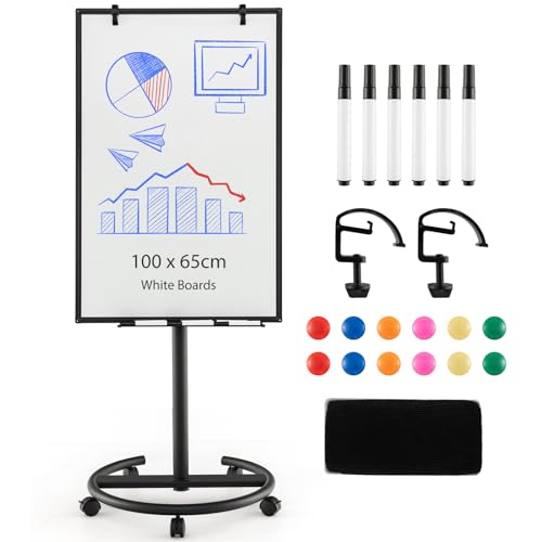 GOPLUS Flipchart Ständer, 100 x 65cm mobiles Whiteboard auf Rollen, Trocken asbwischbar, Flipcharts Whiteboard höhenverstellbar mit Rundfuß, Haken, Marker, Magneten, Papier, Radiergummi (Schwarz) von GOPLUS
