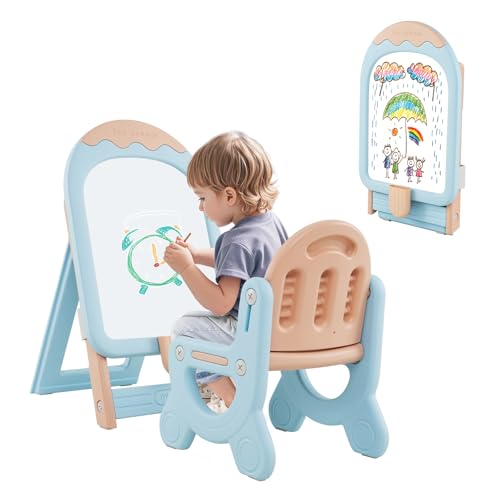GOPLUS Kinderstaffelei mit Stuhl, faltbarer höhenverstellbar Zeichentisch mit Whiteboard, Marker, Magnet & Aufbewahrungskoffer, Kindertafel mit Stauraum, Kunststaffelei für Jungen & Mädch (Blau) von GOPLUS