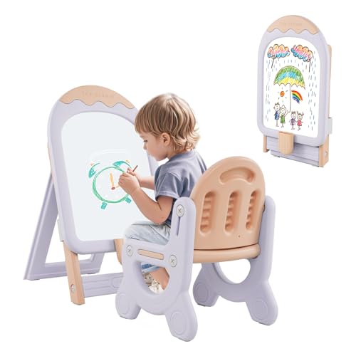 GOPLUS Kinderstaffelei mit Stuhl, faltbarer höhenverstellbar Zeichentisch mit Whiteboard, Marker, Magnet & Aufbewahrungskoffer, Kindertafel mit Stauraum, Kunststaffelei für Jungen & Mädch (Lila) von GOPLUS