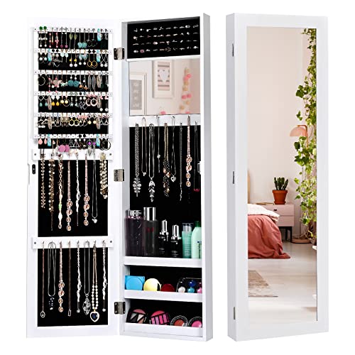 GOPLUS Schmuckschrank mit Ganzkörperspiegel, Schmuckregal mit Eingebautem Kleinem Spiegel, Spiegelschrank mit Wandmontage/Türmontage, Magnetverschluss, mit Stauraum für Schmuck & Kosmetika (Weiß) GOPLUS Schmuckschrank mit Ganzkörperspiegel, Schmuckregal mit Eingebautem Kleinem Spiegel, Spiegelschrank mit Wandmontage/Türmontage, Magnetverschluss, mit Stauraum für Schmuck & Kosmetika (Weiß) von GOPLUS