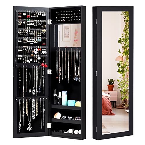 GOPLUS Schmuckschrank mit Ganzkörperspiegel, Schmuckregal mit Eingebautem Kleinem Spiegel, Spiegelschrank mit Wandmontage/Türmontage, Magnetverschluss, mit Stauraum für Schmuck & Kosmetika (Schwarz) GOPLUS Schmuckschrank mit Ganzkörperspiegel, Schmuckregal mit Eingebautem Kleinem Spiegel, Spiegelschrank mit Wandmontage/Türmontage, Magnetverschluss, mit Stauraum für Schmuck & Kosmetika (Schwarz) von GOPLUS