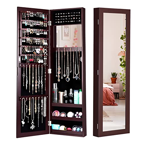 GOPLUS Schmuckschrank mit Ganzkörperspiegel, Schmuckregal mit Eingebautem Kleinem Spiegel, Spiegelschrank mit Wandmontage/Türmontage, Magnetverschluss, mit Stauraum für Schmuck & Kosmetika (Braun) GOPLUS Schmuckschrank mit Ganzkörperspiegel, Schmuckregal mit Eingebautem Kleinem Spiegel, Spiegelschrank mit Wandmontage/Türmontage, Magnetverschluss, mit Stauraum für Schmuck & Kosmetika (Braun) von GOPLUS