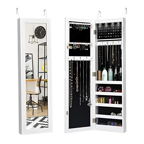 GOPLUS Schmuckschrank mit LED-Beleuchtung, Schmuckregal mit Spiegel, Spiegelschrank Schmuckorganizer, Wandmontage und Türmontage, Magnetverschluss, mit Stauraum für Halsketten, Ringe, Ohrringe, Kosmet von GOPLUS