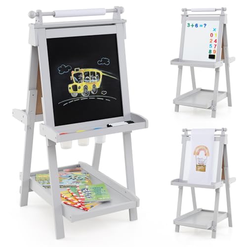 GOPLUS Tafel Kinder, 3-in-1 Kindertafel mit Whiteboard & Magnetischer Tafel, faltbare Malstaffelei mit Papierrolle & 3 Farbpaletten, höhenverstellbare Staffelei für Kinder ab 3 Jahren (Grau) von GOPLUS