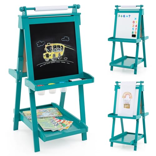 GOPLUS Tafel Kinder, 3-in-1 Kindertafel mit Whiteboard & Magnetischer Tafel, faltbare Malstaffelei mit Papierrolle & 3 Farbpaletten, höhenverstellbare Staffelei für Kinder ab 3 Jahren (Grün) von GOPLUS