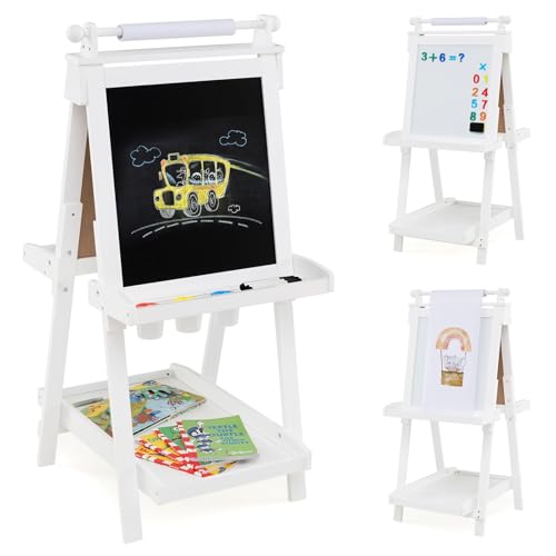 GOPLUS Tafel Kinder, 3-in-1 Kindertafel mit Whiteboard & Magnetischer Tafel, faltbare Malstaffelei mit Papierrolle & 3 Farbpaletten, höhenverstellbare Staffelei für Kinder ab 3 Jahren (Weiß) von GOPLUS