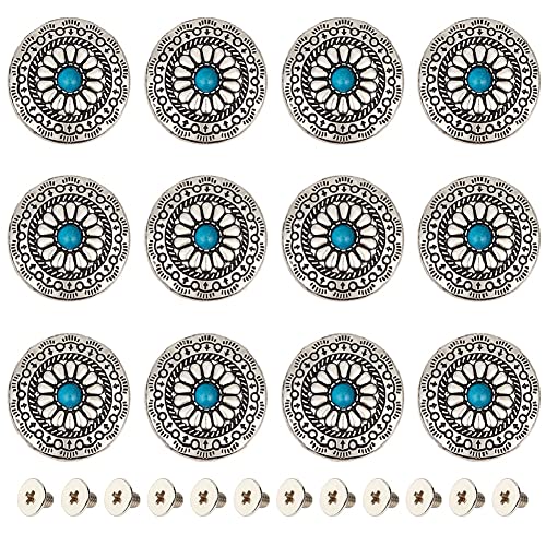 GORGECRAFT 1 Box 12Stk 30mm Knöpfe Mit Schraubverschluss Blau-Türkisfarbene Conchos Runde Knöpfe Sonnenblumen-Gänseblümchen Dekorative Schrauben Nieten Ersatzknöpfe Für Lederhandwerk Stoffdekoration von GORGECRAFT